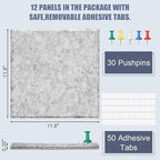 Large Cork Board Alternative 48" X 36" Bulletin Board - 12 Pack Removable Felt Wall Tiles with 30 pushpins, Large Cork Boards for Walls Cork Board for Office Pin Board Tack Board - Silver Gray