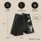 Bey-Berk Whitney Zebra Marble Bookends (Black, Set of 2), 4" x 2.5" x 6" Heavy Wedge Book Ends for Desk, Shelf, or Office