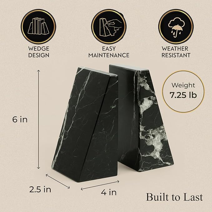 Bey-Berk White Triangular Marble Bookends – Heavy-Duty Wedge Design, Modern Office and Bookshelf Organizer