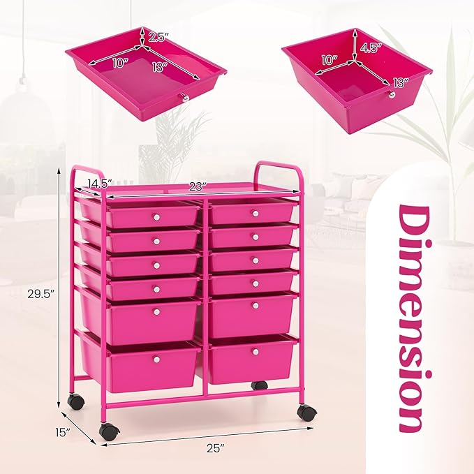 LDAILY 12 Drawer Rolling Storage Cart, Craft Cart Organizer on Wheels w/Metal Frame, Large Capacity & Smooth Drawer, Rolling Cart w/Drawers for Classroom, Office