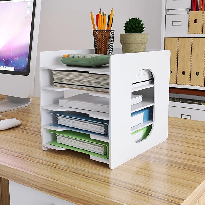 Natwind 5 Tiers Paper Organizer for Desk Desktop White File Holder Office Desk Organizer Mail Letter Tray & Paper Sorter Document Notebooks Storage Rack for Home Office School Classroom