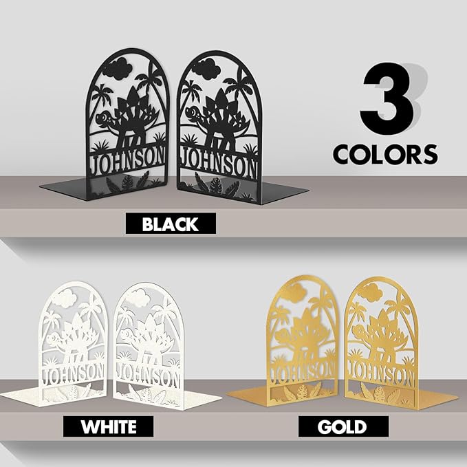 Personalized Name Book Ends Metal, Heavy Duty Bookends for Shelves Decorative, Dinosaur Non-Slip Book Stopper, Modern Bookshelf Decor for Home Office Desk, Gifts for Readers Color08