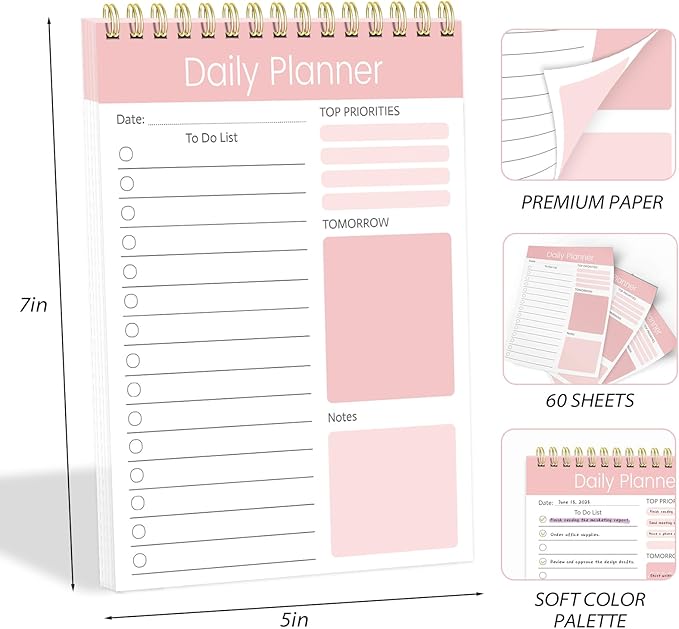 Tlenpo To Do List Notepad, 60 Sheets, Productivity Planner with Time, Task Checklist Organizer Agenda Pad for Work, Daily Planner for School Supply List Pink, 5.1 x 7 Inch