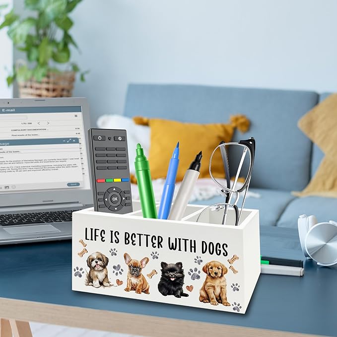 QZQE Dog Pen Pencil Holder Organizer for Desk, Dog Lovers Mom Gifts for Women, Life Is Better with Dogs Wooden Box Signs Decorations for Home Office Desk Tabletop, Gifts for Pet Lovers
