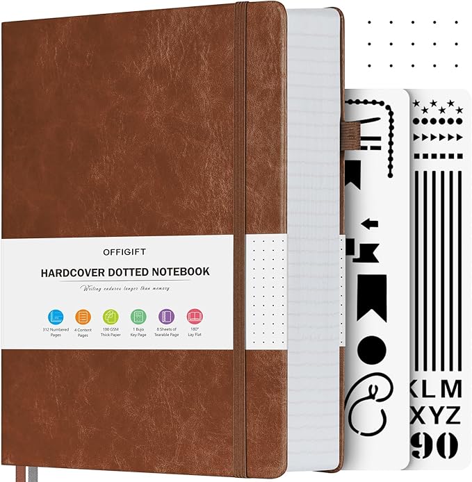 OFFIGIFT Bullet Dotted Journal Notebook, 312 Numbered Pages A5 Hardcover Dotted Notebooks, 100gsm No Bleed Paper Dot Grid Notebook with Index Pages, Dot Journal for Women Men, 5.75" x 8.38", Brown