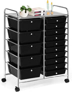 HAPPYGRILL 15-Drawer Rolling Cart, Storage Carts with Removable Drawers & Steel Frame, Utility Cart on Lockable Wheels for Home, School, Office, Black