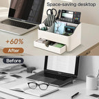 KINGFOM PU Leather Desk Organizer with Drawer, 5 Compartments Desktop Storage Caddy for Office Home Supplies, Pen Holder for Remote Control, Phone & Accessories, Mail Organizer Countertop Ivory White