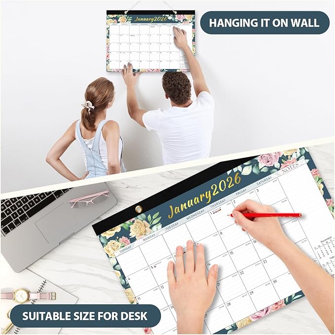 2026 Desk Calendar, 18 Monthly Calendar Runs from January 2026 to June 2027, Large 17" x 12" Desktop/Wall Calendars Easy Scheduling & Notes, Ideal for School, Home and Office - Vintage Floral