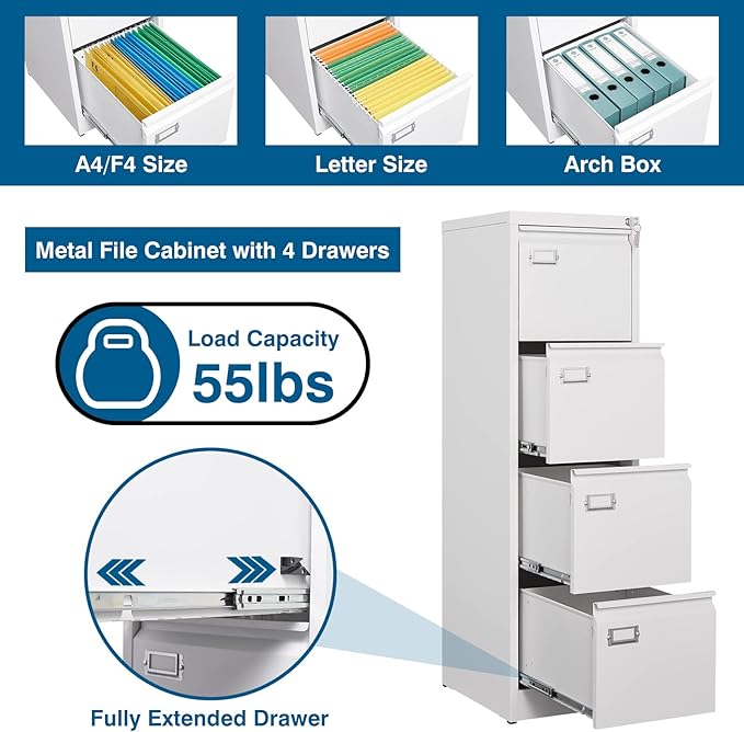 PEUKC 4-Drawer File Cabinet, 16.3" Deep Vertical Filing Cabinet with Lock, Metal File Cabinet for Home Office, Anti-Tip 4 Storage Drawers for Letter/Legal/A4/F4 Size (Assemble Required, White)
