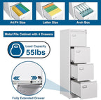 PEUKC 4-Drawer File Cabinet, 16.3" Deep Vertical Filing Cabinet with Lock, Metal File Cabinet for Home Office, Anti-Tip 4 Storage Drawers for Letter/Legal/A4/F4 Size (Assemble Required, White)