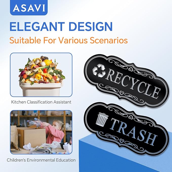 ASAVI Trash & Recycle Stickers – 2-Pack Self-Adhesive Vinyl Labels, Waterproof & Durable (Black Background with Transparent Text, Medium 6.3 x 2.7 inches)