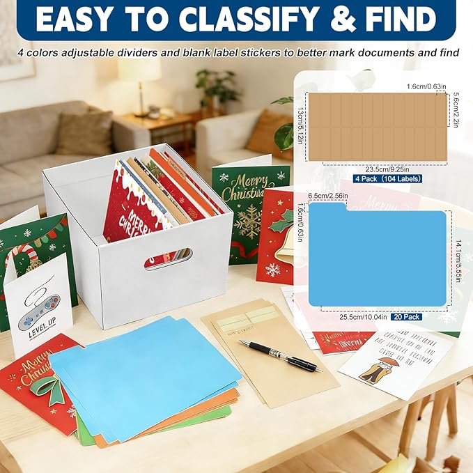 4Pack Greeting Card Storage Box, Greeting Card Organizer Box with 20 Dividers Holds 600 Cards+, Large Capacity Greeting Card Holder with 4 Sticker Labels White Card Box for Postcards, Photos, Envelope