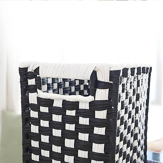 Fozxsvg Black Woven Wicker 3.5 Gallon Fabric Trash Can, Storage Baskets, Waterproof Cute Waste Basket, Decorative Trash Bin for Bedroom, Office, Living Room, Kitchen