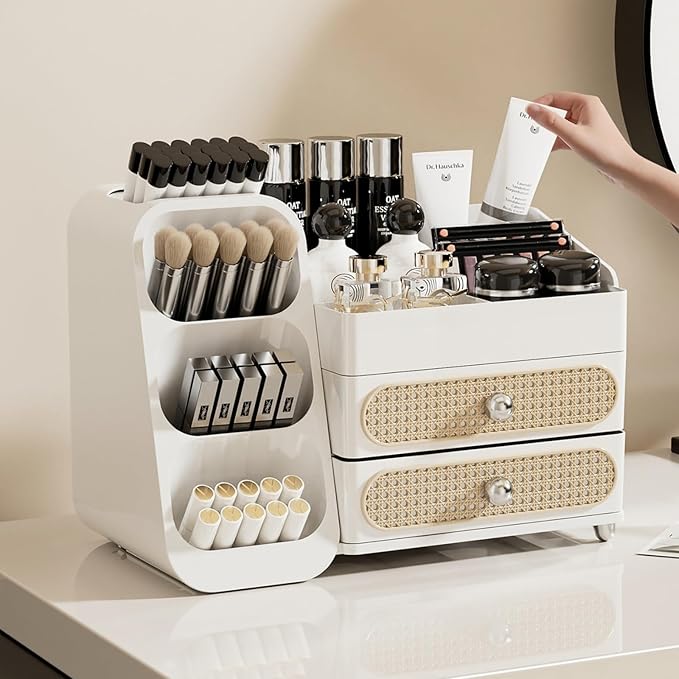 KQJS Makeup Organizer with Drawers,Large Capacity Countertop Organizer for Vanity,Bathroom and Bedroom Desk Cosmetics Organizer,Easy To Storage Skincare,Brushes,Lotions,Lipstick (All white)