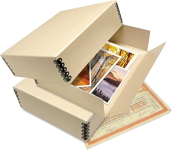 Lineco Museum Archival Storage Box, 8.75x10.75x3 in. Drop Front Design. Acid-Free with Metal Edge. Organize Photos, Pictures, Prints, Documents, Crafts, DIY. Tan, 2 Pack