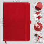 RETTACY Bullet Dotted Journal Notebook, 256 Pages, A5 Medium Size (5.7'' × 8.3''), Leather Hardcover, 120 GSM Thick Paper, for Bullet Journaling, Planning, Tracking (Red)