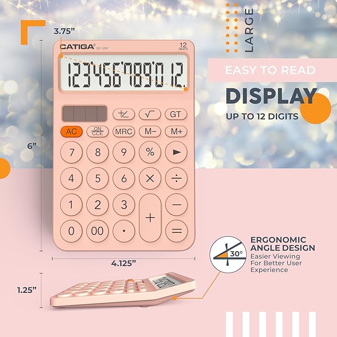 CATIGA 12 Digit Desktop Calculator Basic Desk Calculator with Large LCD Display, Big Buttons, 4 Function, Solar and Battery Dual Power, for Office, School, Home, SD-1292 Pink