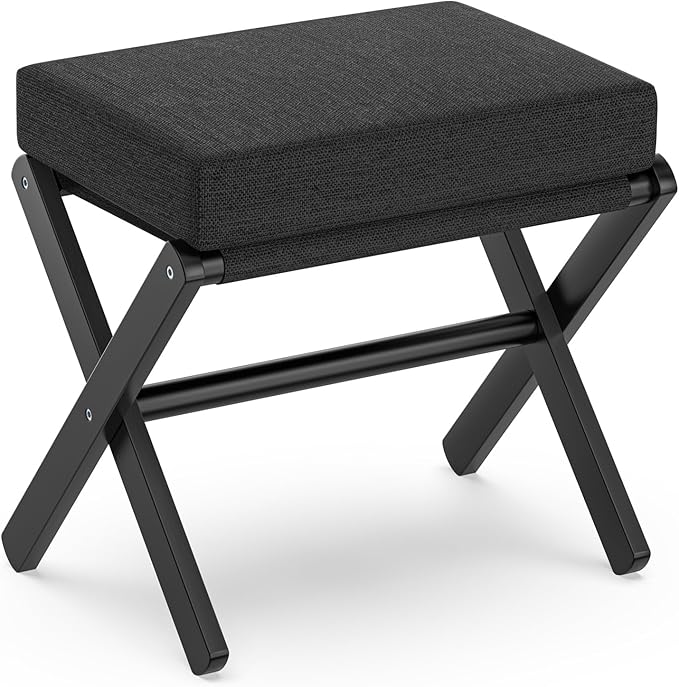 BAMBOOHOMIE Foldable Foot Stool Ottoman, Modern Foot Rest with Bamboo X Legs & Thick Foam Cushion, Folding Foot Stools Small Padded for Bedroom Living Room, Footstool for Chair Couch (Black - Black)