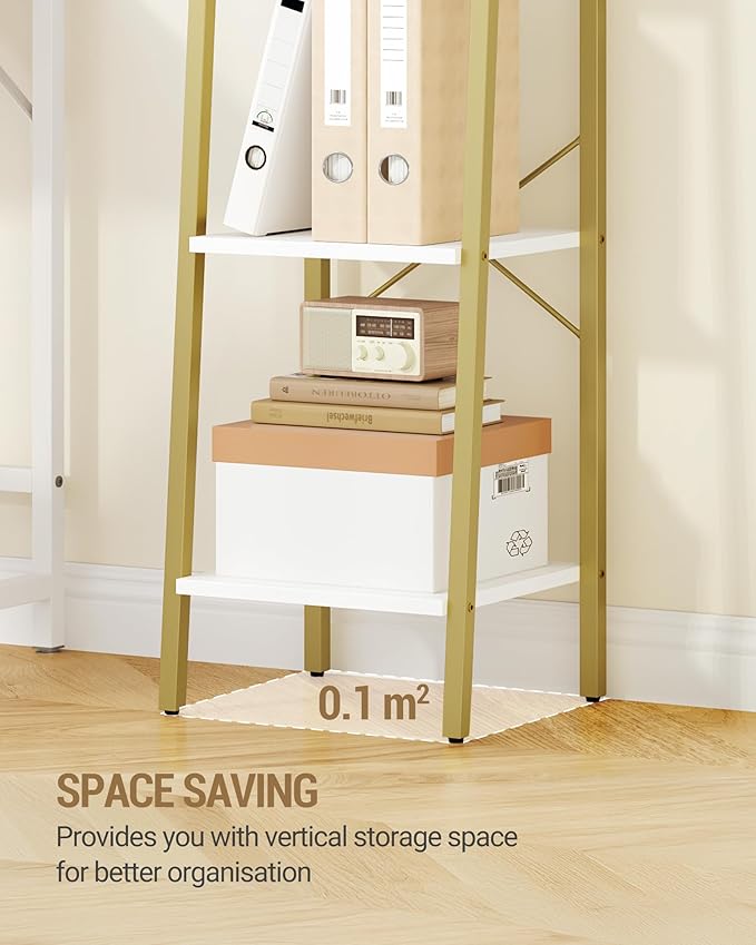 Hzuaneri Ladder Shelf, Bookshelf Bookcase, Freestanding Corner Storage Shelve with 2 Hooks for Home Office, Living Room, Kitchen, Bedroom, Industrial, 11.8" D x 13.4" W x 47.2" H, White Gold BC13213G