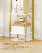 Hzuaneri Ladder Shelf, Bookshelf Bookcase, Freestanding Corner Storage Shelve with 2 Hooks for Home Office, Living Room, Kitchen, Bedroom, Industrial, 11.8" D x 13.4" W x 47.2" H, White Gold BC13213G