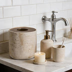 Natural Travertine Textures Mini Trash Can with Rose Gold Stainless Steel Lid, Mini Countertop Trash Can for Bathroom Kitchen, Desk or Table top Mini Garbage Can, Resin Tiny Waste Basket for Vanity