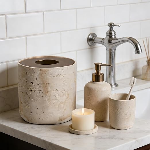 Natural Travertine Textures Mini Trash Can with Rose Gold Stainless Steel Lid, Mini Countertop Trash Can for Bathroom Kitchen, Desk or Table top Mini Garbage Can, Resin Tiny Waste Basket for Vanity