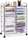 COSTWAY 15 Drawer Rolling Storage Cart, Multipurpose Mobile Storage Organizer w/Removable Drawers & Metal Frame, Utility Tools Paper Organizer on Wheels for Home, Office (Transparent)