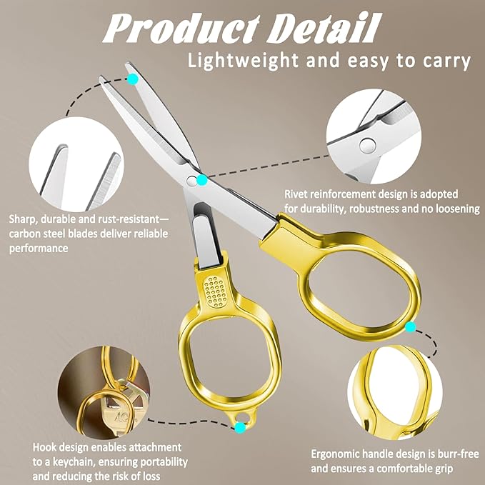 2 PCS Stainless Steel Mini Folding Scissors, Safety Pocket-Sized Multipurpose Scissors with Keychains for Travel, Home, Office, Crafts, Sewing & Nurse Accessories (Gold)