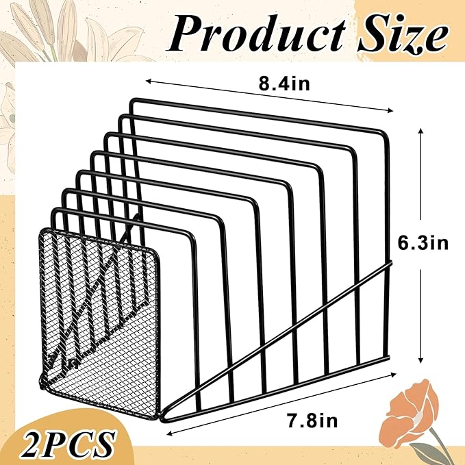 2 Pcs 7 Section Incline File Sorter Metal Wire Mesh File Rack for Desktop Letter Sorter for Magazine Folder Book Organizer Home Office School Paper Mail Desk Storage Holder (Black)