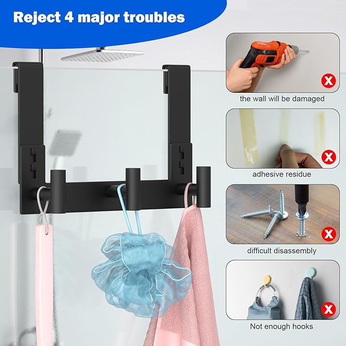 PMMASTO No-Drill Extra Long Shower Hooks, Fits 3/8" Thick Door, Heavy Duty Stainless Steel Towel Hooks for Frameless Glass Shower Door, Holds Bathrobe Towel (Black, 3 T-Hooks)