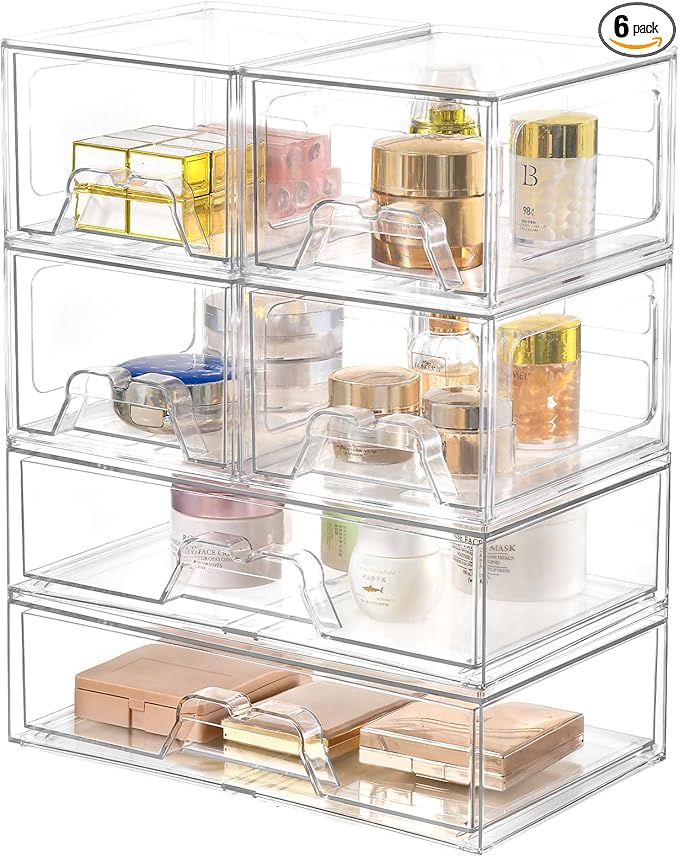 Stebopum 6 Pack Stackable Storage Drawers Clear Acrylic Organizer Makeup Bathroom Organizer and Storage Bins for Beauty Supplies,Ideal for Vanity, Bathroom,Pantry Organization