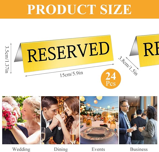 Aemygo 24 Pcs Metal Reserved Table Signs, Golden Table Top Reserved Sign for Restaurants, Double Sided Tent Guest Reservation Table Seat Sign for Wedding, Party, Ceremony, Events(5.91" x 3.15")
