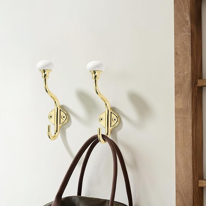 TUNNY Coat Hooks - 5 Pack Polished Gold Towel Hooks Robe Hooks Decorative Wall Hooks for Bathroom Bedroom Kitchen Towel Robe Clothes Cabinet Closet Bathroom Hardware