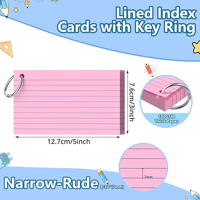 Ciphyfee Index Cards 3x5 Inch With Ring, 300 Count, Ruled Pink Index Card, 180GSM Flash Cards College Ruled for Students, Teachers, Study Note Card for Office, Home, School, Office