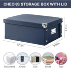 DLUGOPIS Checks Storage Box with Lid Document Boxes Banker Boxes Document Bin Foldable Cardboard Record Boxes For Business Pesonal Orangize Files 12"x10"x5"(Navy Blue, 1 pcs)