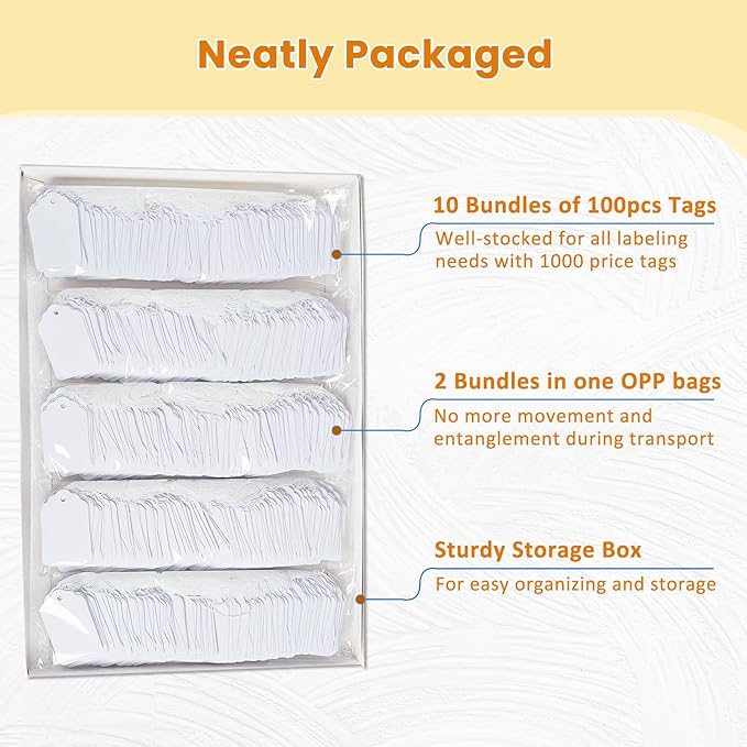 1000 PCS White Price Tags with String Attached, 1.75 x 1.1 Inches, Goefun Writable Label Strung Marking Tags for Pricing, Hanging, Clothing, Jewelry, Garage/Yard Sale, 250 GSM
