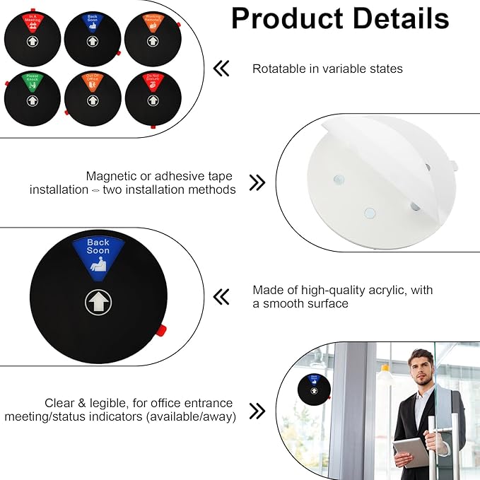 Ryetvok Office Door Sign, 6-In-1 Rotating Status Indicator (In A Meeting/Please Knock/Out Of Office/Back Soon/Working RemotelyDo Not Disturb/) Door Decor For Home Conference Room Workspace