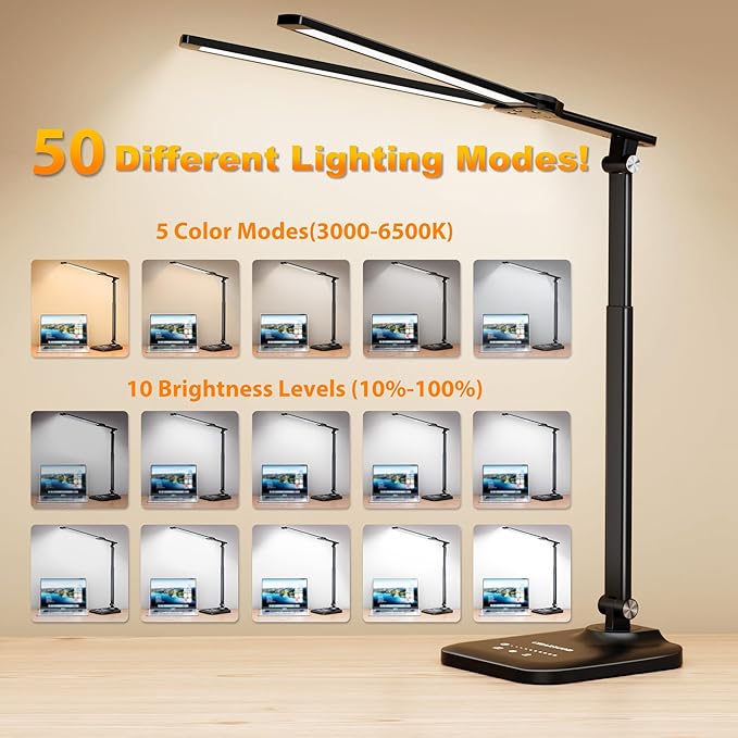 CHARYJOD LED Desk Lamp for Office Home, Height Adjustable Architect Desk Light with USB Adapter, Stepless Dimming Desk Lamp Light for Reading, Study, Workbench