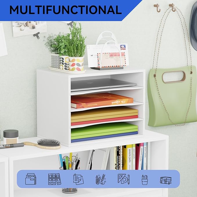 GDINDINFAN Wood Desktop Letter Tray File Organizer, Paper Storage Mail Sorter with 3 Adjustable Drawer Boards for Home and Office, White