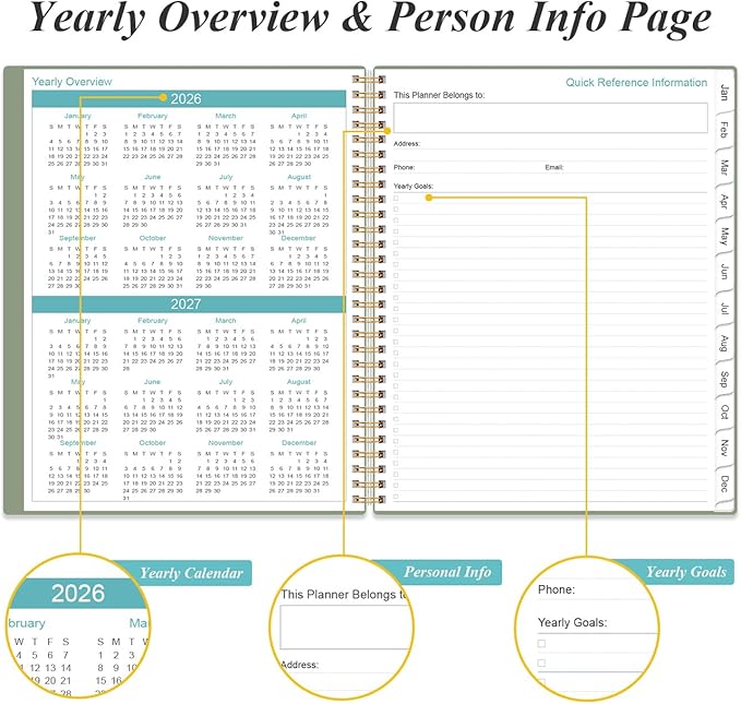2026 Planner - Planner 2026 from January 2026 to December 2026 with 12 Monthly Tabs, Flexible Cover, Inner Pocket, 8.5" x 11", Green-A