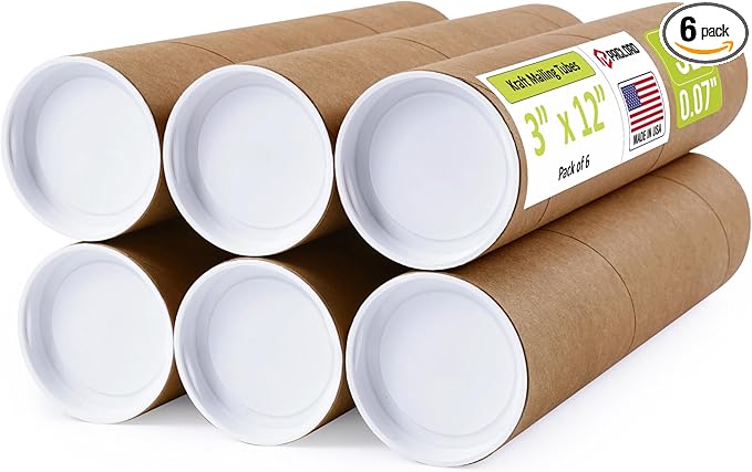 3" x 12" Reinforced Kraft Paper Mailing Tubes, Pack of 6 Tubes with 2 Caps Each – USPS Approved Poster Tube – Made in USA Cardboard Tube for Shipping and Storing Posters, Prints, Artwork, or Documents