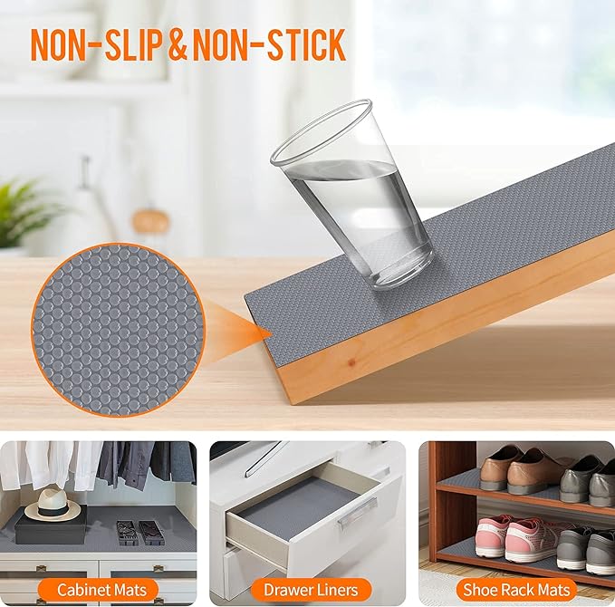 Shelf Liners for Kitchen Cabinets Non-Adhesive, Drawer Mats Liner for Bathroom, Plastic Pantry Shelf Liner Non Slip, Waterproof Washable Cabinet Protector Liners for Shelves, Cupboard Liner Gray