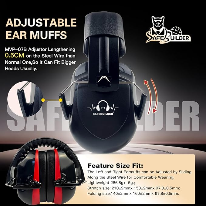 SAFEBUILDER Ear Muffs Noise Reduction SNR 33dB Adjustable Lightweight Safety Earmuffs Sound Proof Noise Cancelling ANSI