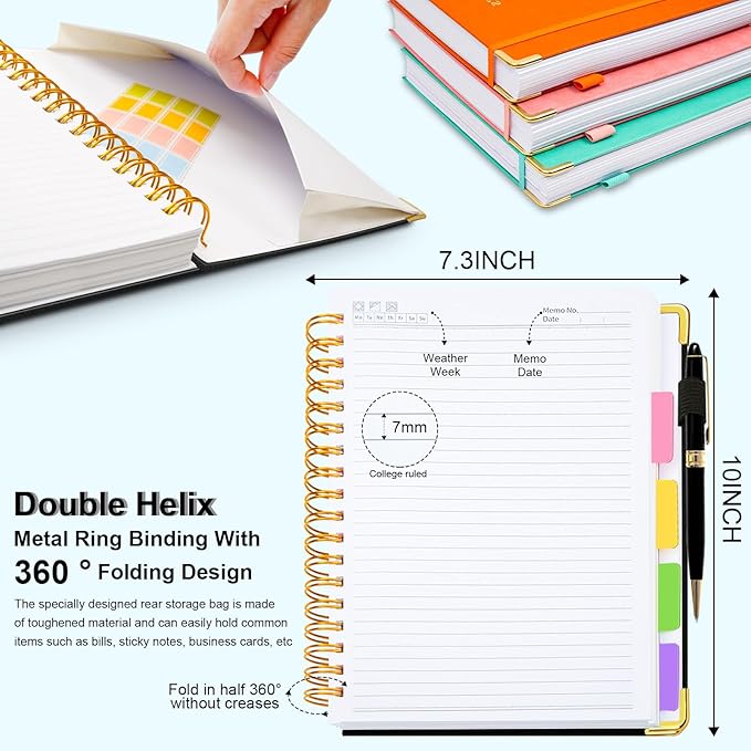Hardcover Spiral Notebook 8"x10" Journal Notebook with Tabs and Removable Dividers 300 Pages 5 Subject Notebook College Ruled, Faux Leather Spiral Bound Notebook for Women School Work (Black)