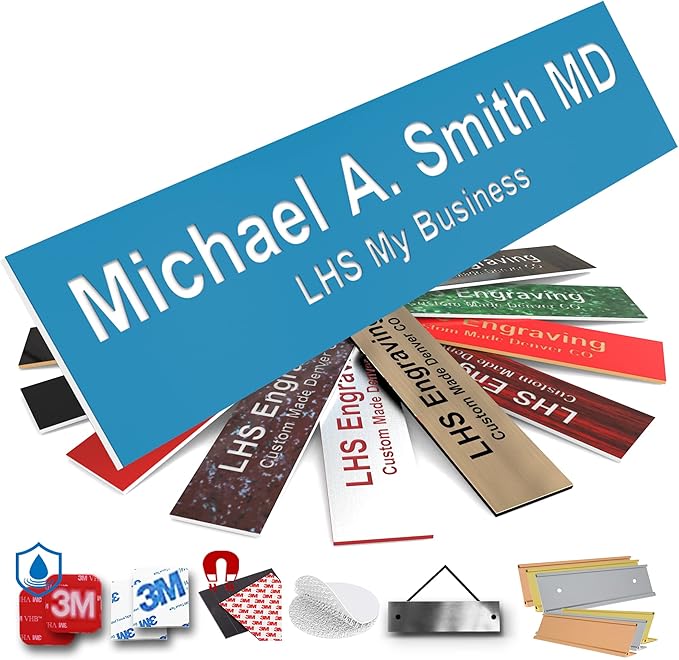 Engraved Name Plates for Door Sign Personalized Light Blue Plastic Plaque with White Letters - Made in USA 2x4 B1