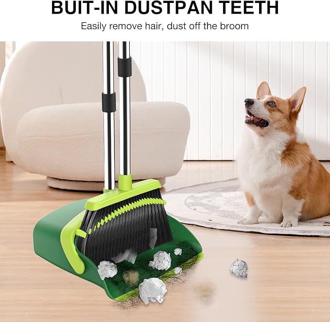 Broom and Dustpan Set, 52-in Long Adjustable Handle Broom Dustpan Combo with Dust pan Teeth to Automatically Clean Hair Suitable for Home Kitchen Office Hall Floor（Green）