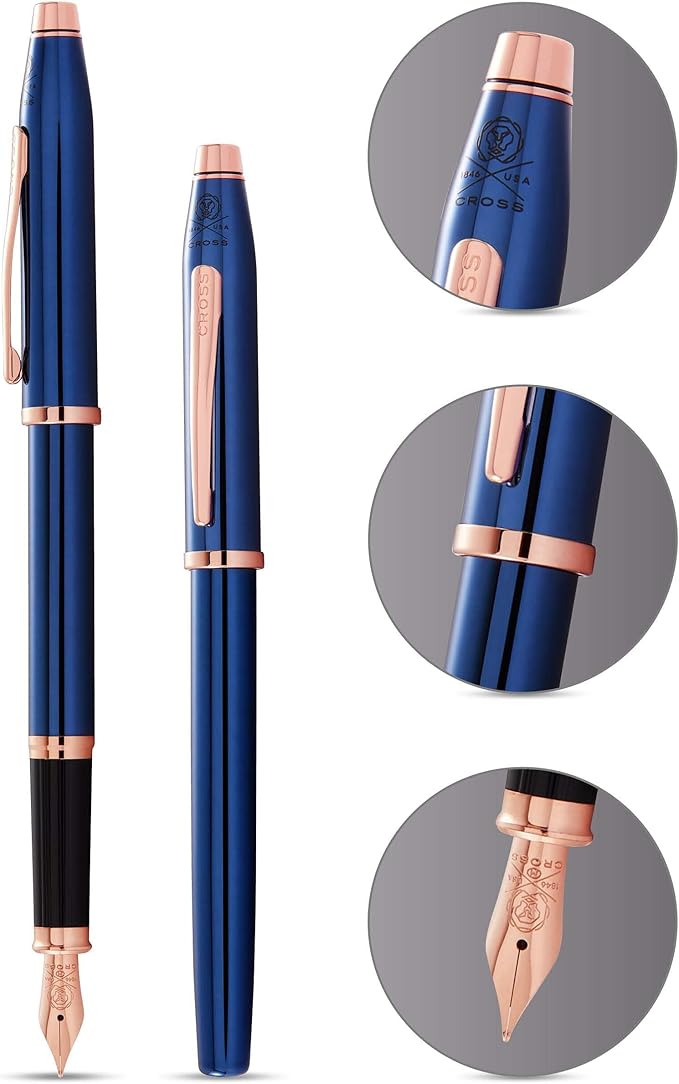 Cross Century II Refillable Fountain Pen, Fine Nib, Includes Luxury Gift Box - Translucent Cobalt Blue Lacquer