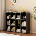 OSCHF 12-Cube Storage Shelf Bookcase - Wooden 3-Tier Floor Standing Open Bookshelf for Home and Office, Display Cabinet, Black