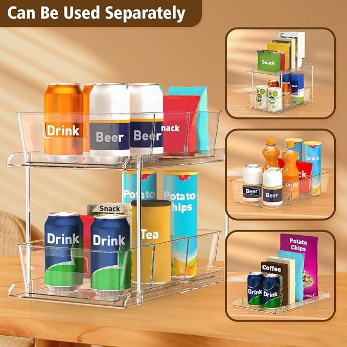 Fabspace Pull-out Home Organizer, 2 Pack 2 Tier Clear Bathroom Organizer with Dividers, Multipurpose Vanity Counter Tray, Kitchen, Closet Organizers, Cabinet & Storage Container Bins