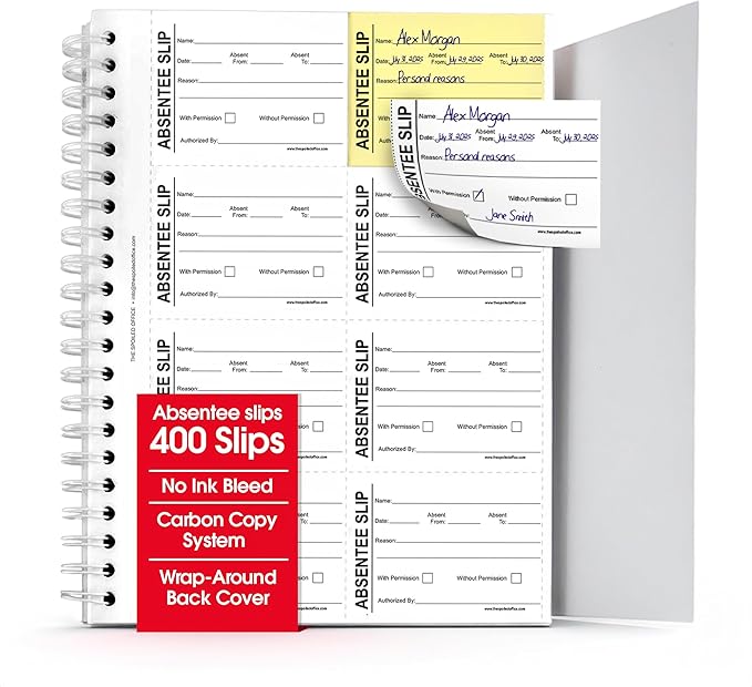The Spoiled Office Absentee Slip Book with Carbonless Duplicates 400 Pcs - 2 3/4"x3 3/4"- Easy Tracking Log Book for School Carbon Copy, School Supplies, Office Supplies for Desk, Spiral Bound